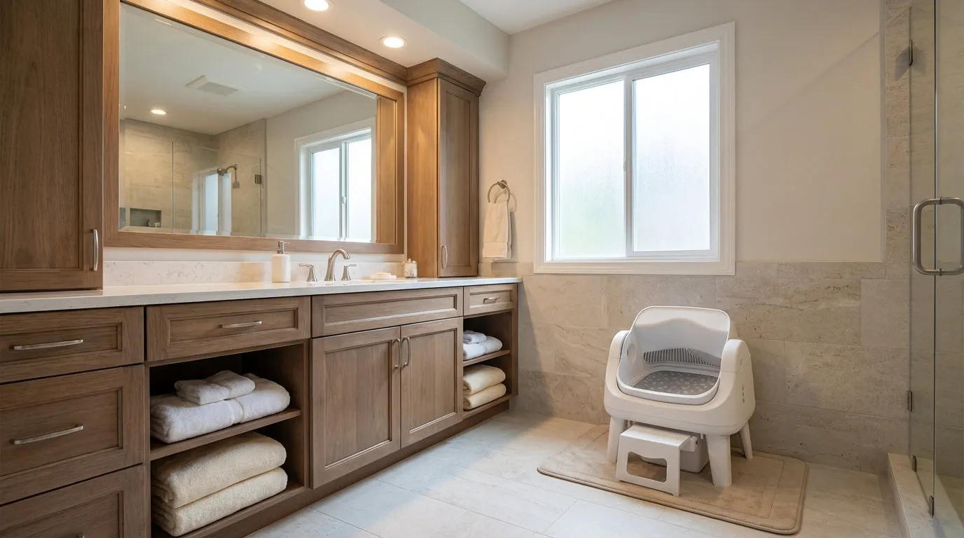 SmartCat S12 self-cleaning litter box in a bathroom