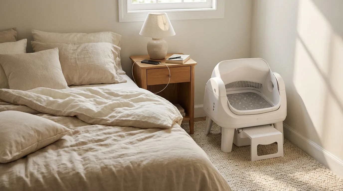 SmartCat S12 self-cleaning litter box in a bedroom