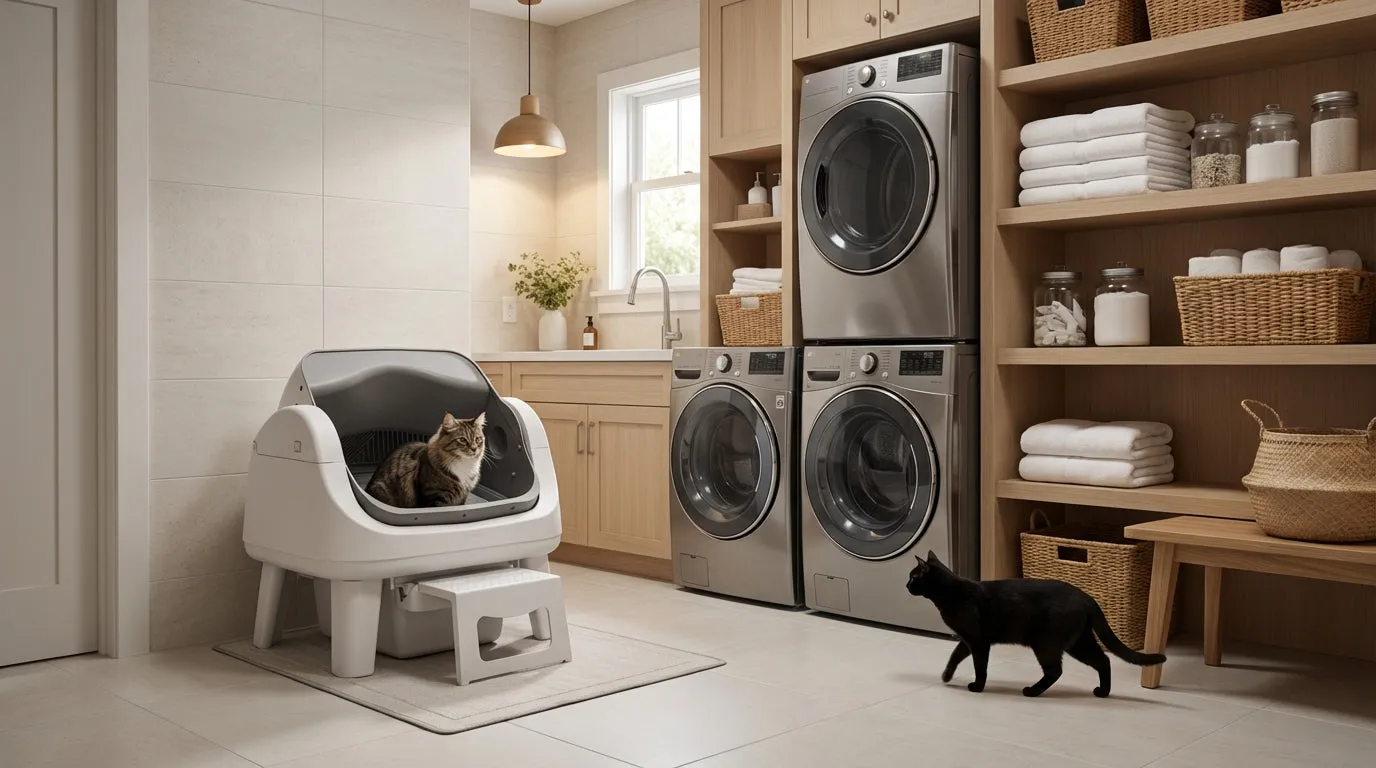 SmartCat S12 self-cleaning litter box in a laundry room