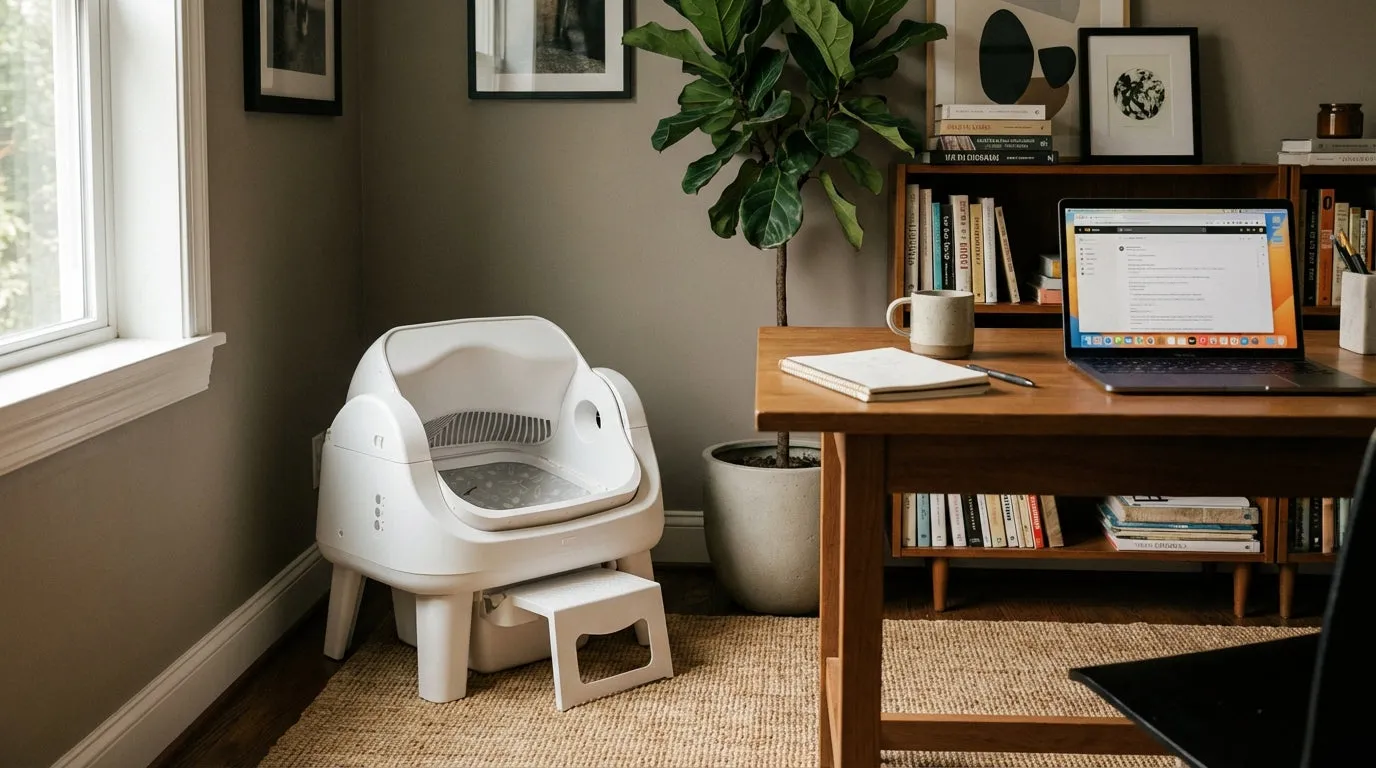 SmartCat S12 self-cleaning litter box in a home studio