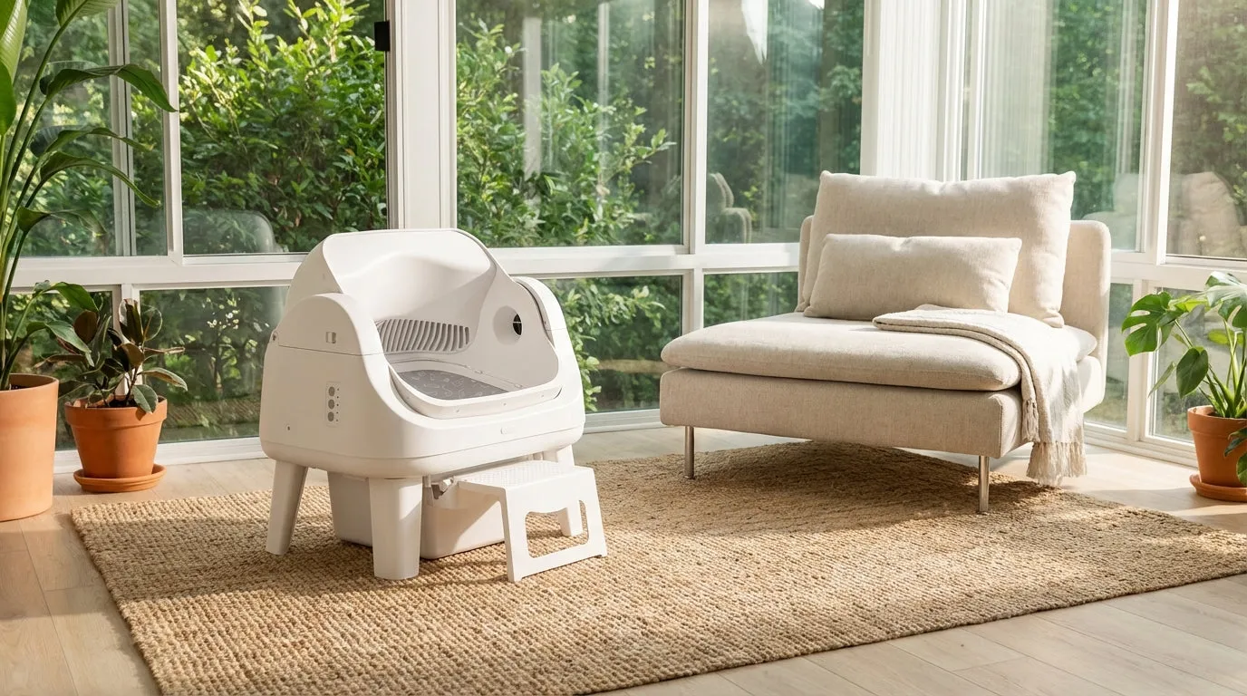 SmartCat S12 self-cleaning litter box in a sunroom